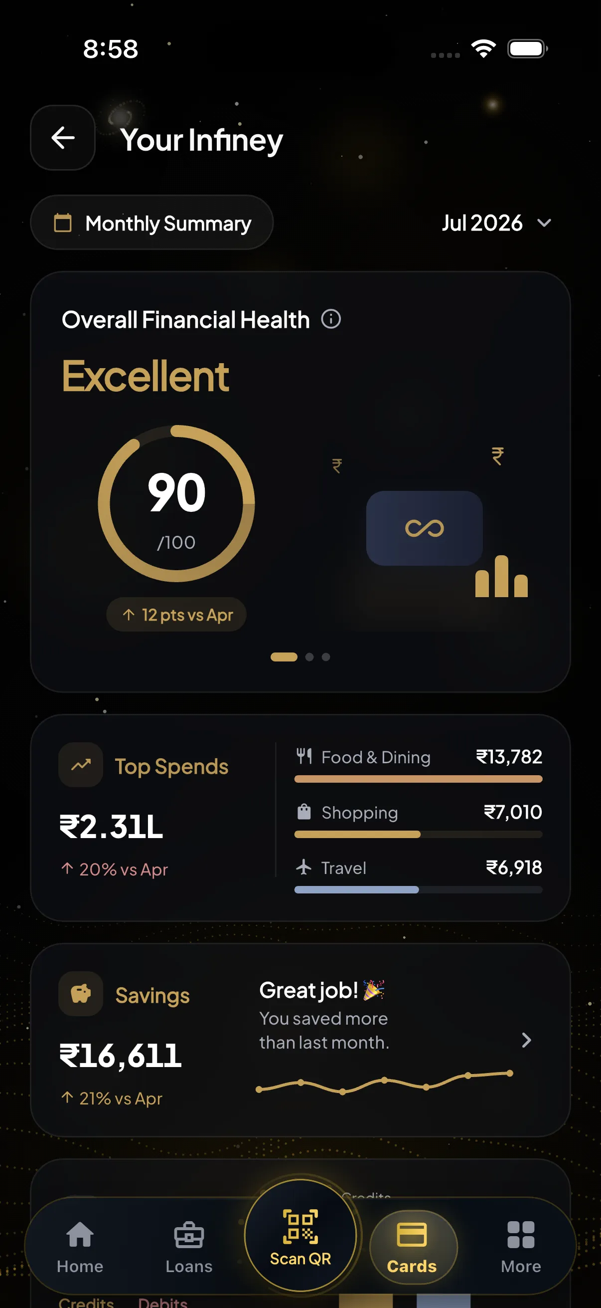 The Infiney app — a monthly summary showing overall financial health, top spends by category and savings